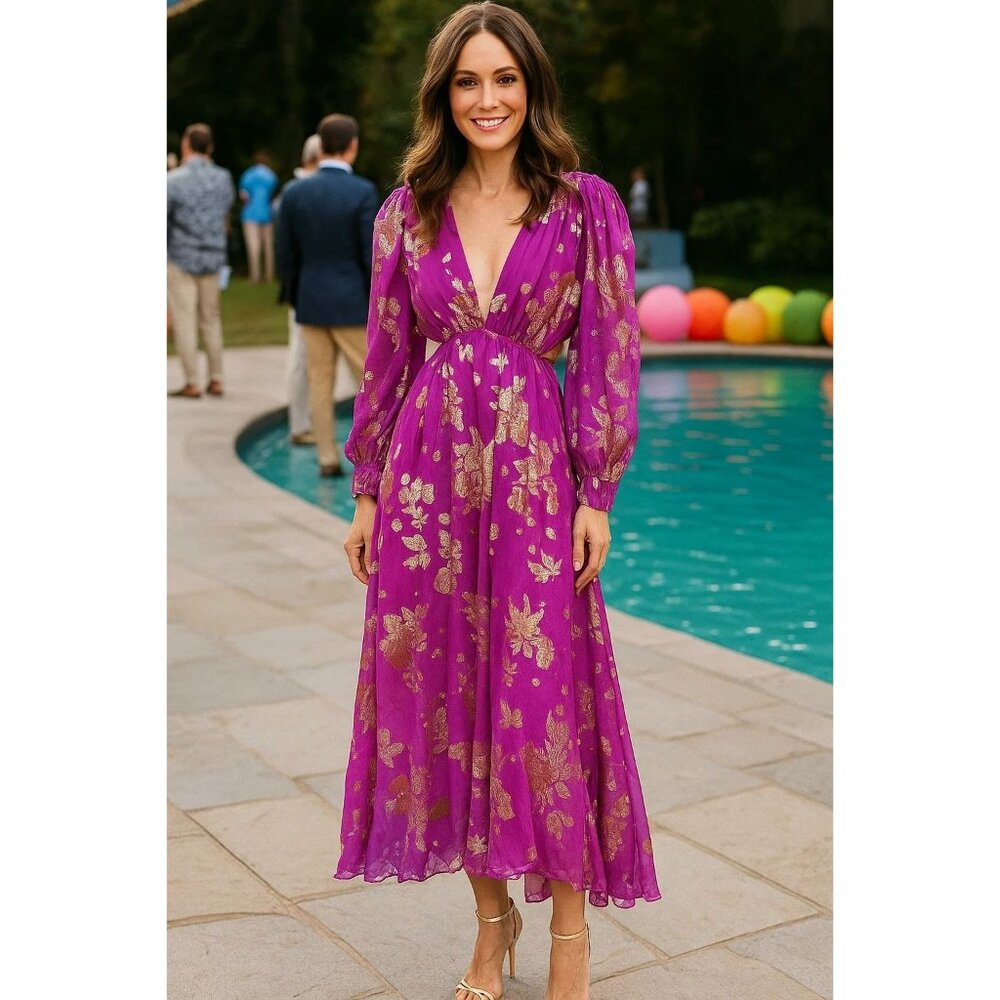 Delfi Collective Silk Gold Floral Cutout Open Long Sleeve Dress Size Small NWT